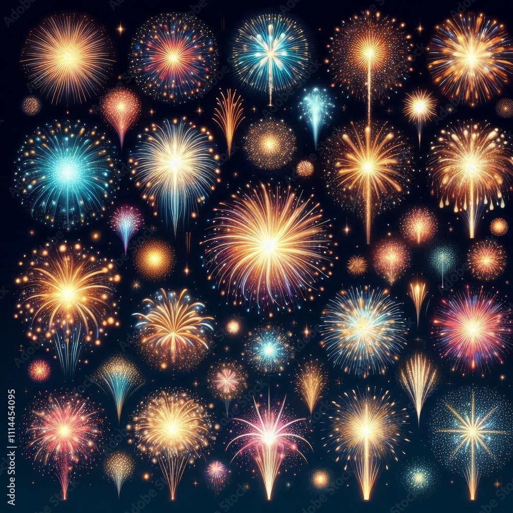 Big set of various fireworks with brightly shining sparks. Colorful pyrotechnics show. Realistic fireworks celebration isolated vector illustration. Beautiful light performance in night sky Big set of various fireworks with brightly shining sparks. Colorful pyrotechnics show. Realistic fireworks celebration isolated vector illustration. Beautiful light performance in night sky