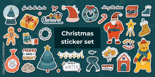 Big Christmas, New Year, wintertime sticker set with colourful doodle and lettering for planners, notepad. Ready for print list of cute stickers. Hand drawn cartoon Childish Xmas and Noel collection