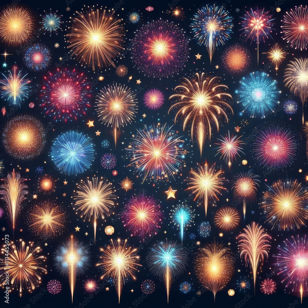 Big set of various fireworks with brightly shining sparks. Colorful pyrotechnics show. Realistic fireworks celebration isolated vector illustration. Beautiful light performance in night sky.