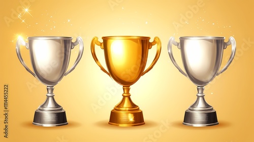 Three shining trophies: gold in the center, flanked by silver trophies, set against a vibrant golden background.