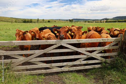 Brown cow behind a fence on a farm in England, United Kingdom
