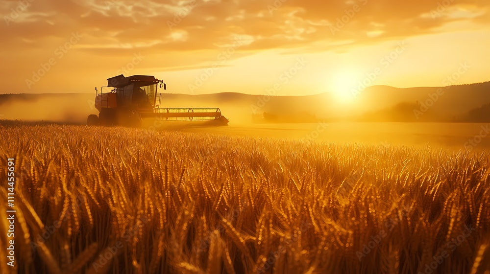 Fototapeta premium A red combine harvester working in a golden wheat field during sunrise, creating a serene farming atmosphere.