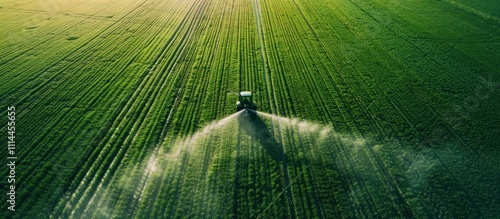 Aerial View of Tractor Irrigating Green Field