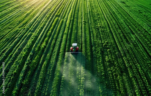 Aerial View of Tractor Spraying Crops