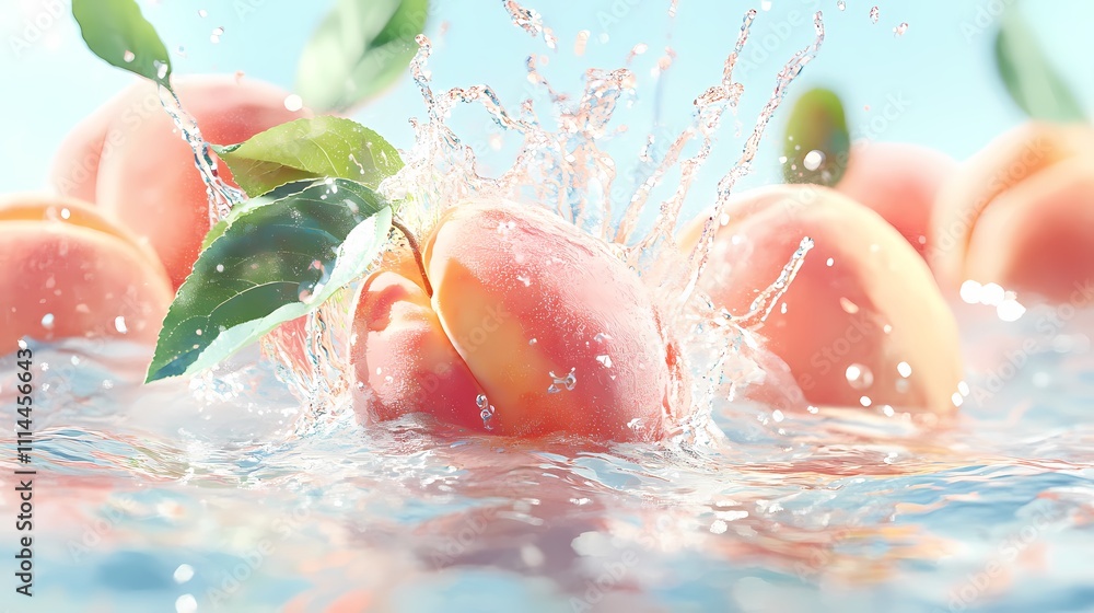 Fototapeta premium Fresh, ripe peaches splashing in clear water with vibrant green leaves, creating a refreshing summer vibe.