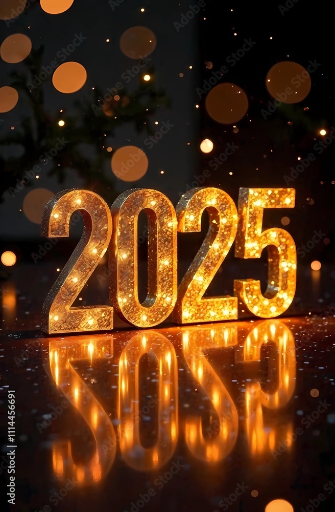 Happy New Year 2025 background, illustration for holiday design with lights Happy New Year 2025 background, illustration for holiday design with lights