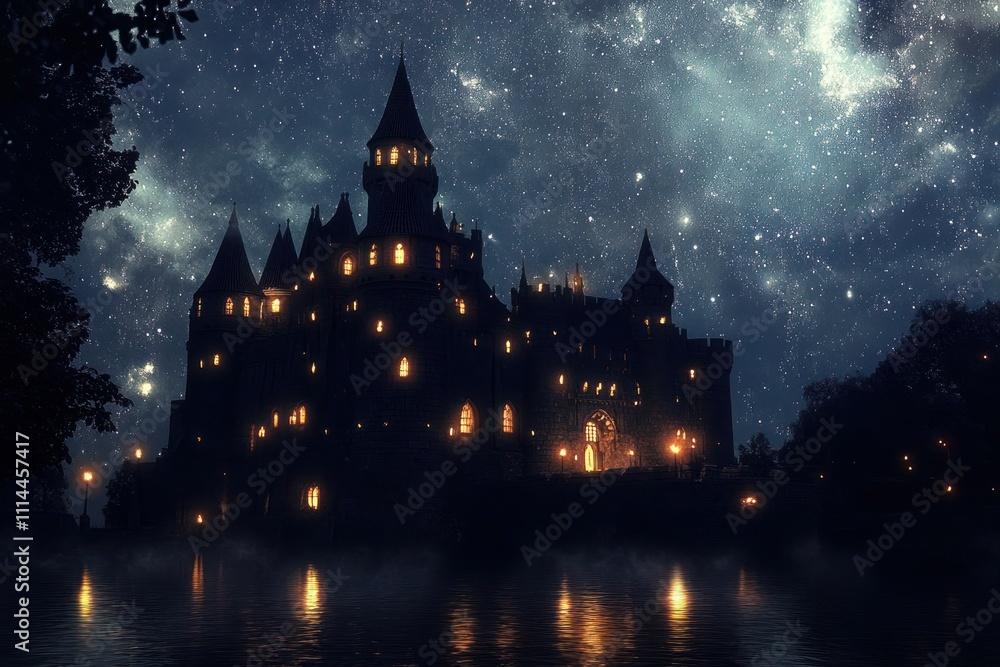 Mystical castle illuminated under a starry night sky. Generative AI Mystical castle illuminated under a starry night sky. Generative AI