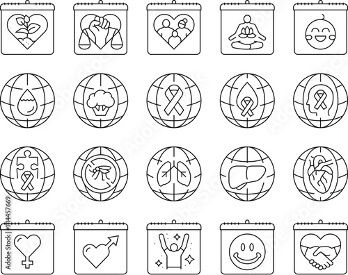 international day holidays icons set vector. family children, tolerance and yoga, water food, cancer diabetes, mental health international day holidays black contour illustrations