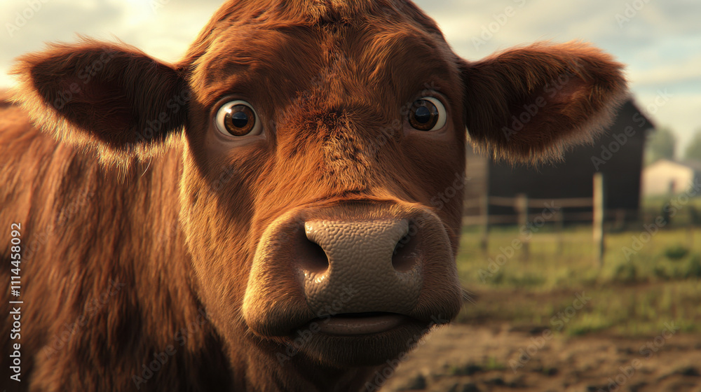 Close-up of a Curious Brown Cow in a Serene Pastoral Scene Surrounded by Rural Farm Life and Green Fields Under a Soft Morning Light Close-up of a Curious Brown Cow in a Serene Pastoral Scene Surrounded by Rural Farm Life and Green Fields Under a Soft Morning Light