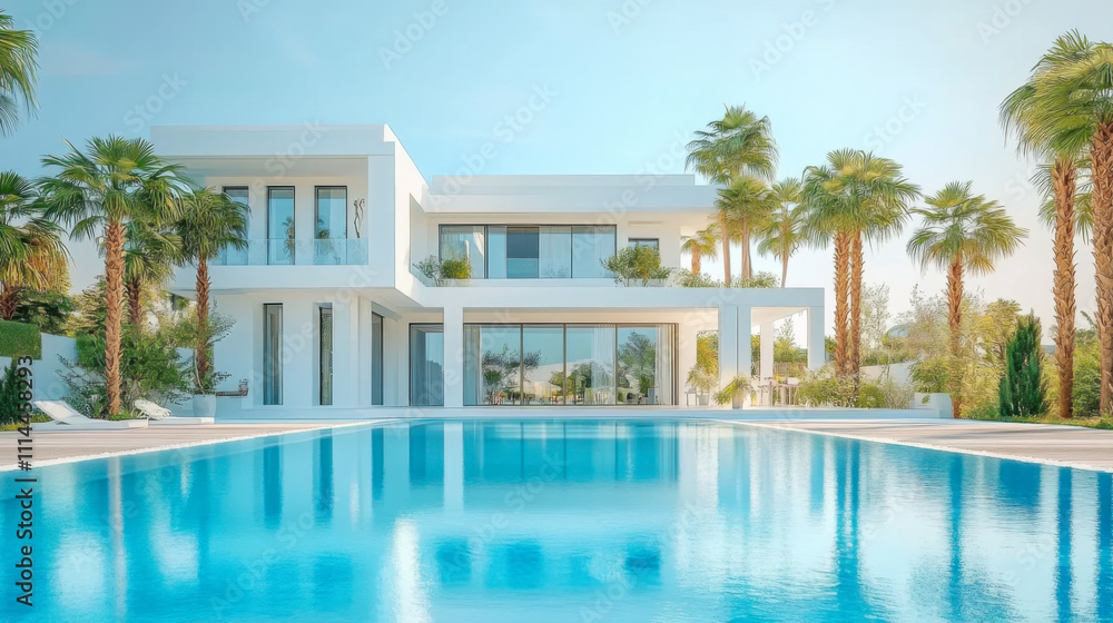 Fototapeta premium white villa with impressive garden and pool