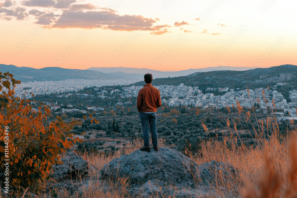 Fototapeta premium Man Standing on Rock Overlooking Foggy Landscape