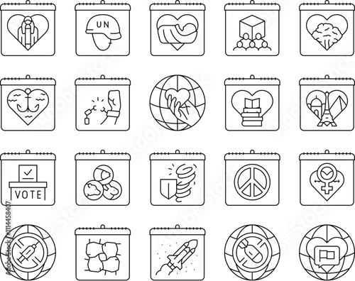 international holiday day icons set vector. girl child, peacekeepers, midwife, cooperatives, forests, seafarer, victims slavery international holiday day black contour illustrations