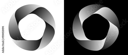 Circle with 5 segments and gradients. Logo or icon for any project. Dark shape on a white background and shape with inverted gradient on the black side.