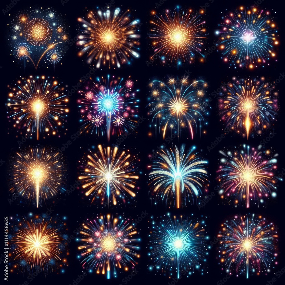 Big set of various fireworks with brightly shining sparks. Colorful pyrotechnics show. Realistic fireworks celebration isolated vector illustration. Beautiful light performance in night sky. Big set of various fireworks with brightly shining sparks. Colorful pyrotechnics show. Realistic fireworks celebration isolated vector illustration. Beautiful light performance in night sky.