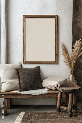 A rustic boho-styled room featuring a framed mockup poster. photo