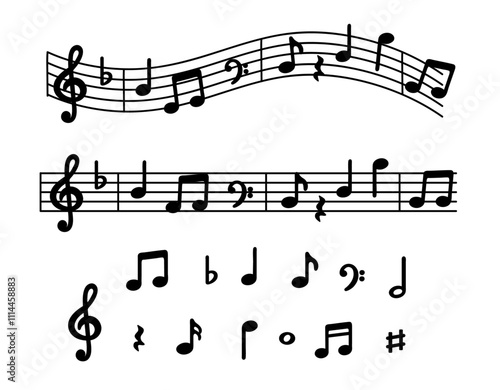 Music notes icon on wavy lines, music notes symbols