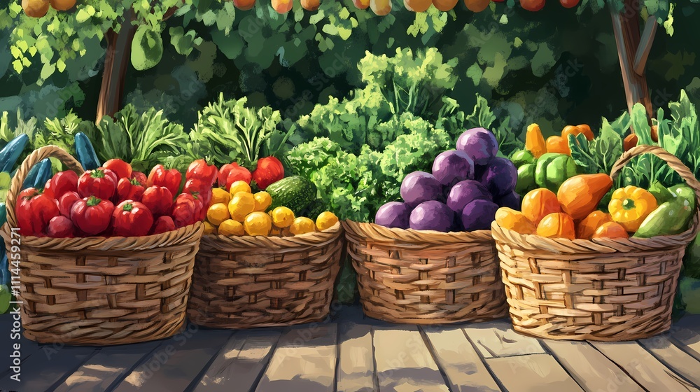 Colorful baskets of fresh vegetables and fruits arranged in a vibrant market setting. Colorful baskets of fresh vegetables and fruits arranged in a vibrant market setting.