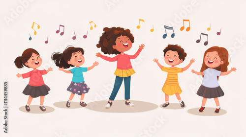 Five Joyful Children Dancing and Singing Together Under Colorful Musical Notes in a Bright, Playful Illustration Creating a Festive Atmosphere for Any Creative Project