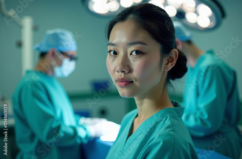 Portrait woman Doctor on Background of Operating Room in Hospital. AI-Generated