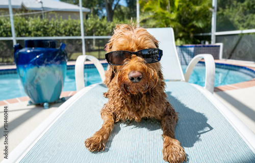 Slika na platnu Portrait of a cool wet golden doodle wearing sunglasses poolside