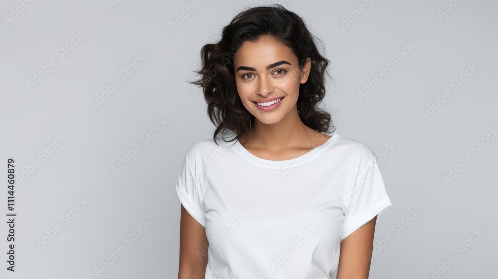 Cheerful Indian woman with neatly tied hair wears a casual t-shirt and jeans, standing against a white background. Perfect for themes of positivity, casual fashion, and modern lifestyle Cheerful Indian woman with neatly tied hair wears a casual t-shirt and jeans, standing against a white background. Perfect for themes of positivity, casual fashion, and modern lifestyle