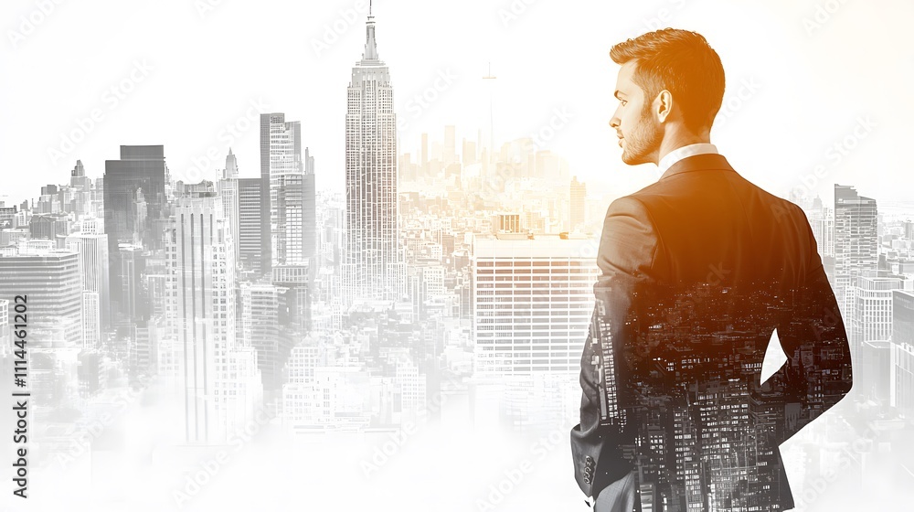 man in a business suit looking confidently at his reflection in a mirror, which transitions into an image of a bustling city skyline. The double exposure represents clarity, self-awareness, man in a business suit looking confidently at his reflection in a mirror, which transitions into an image of a bustling city skyline. The double exposure represents clarity, self-awareness,