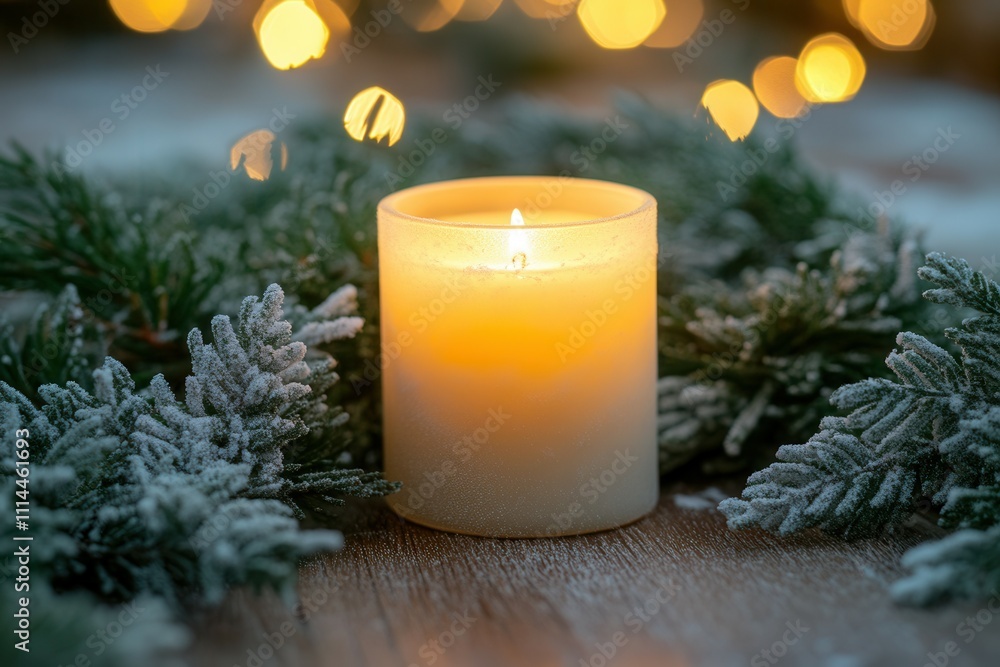 Cozy winter candle with snowy pine for holiday ambiance. Cozy winter candle with snowy pine for holiday ambiance.