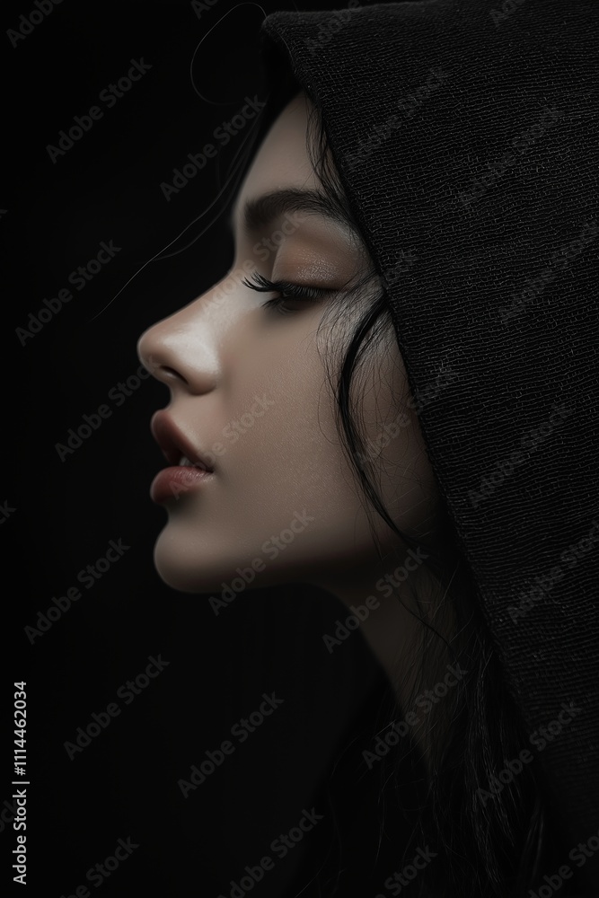 Fototapeta premium A captivating side-profile portrait of a woman in darkness.