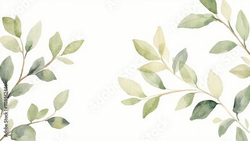 A delicate watercolor illustration of green leaves on a white background.