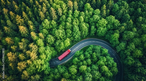 Aerial View of Red Truck on Winding Road Through Lush Green Forest