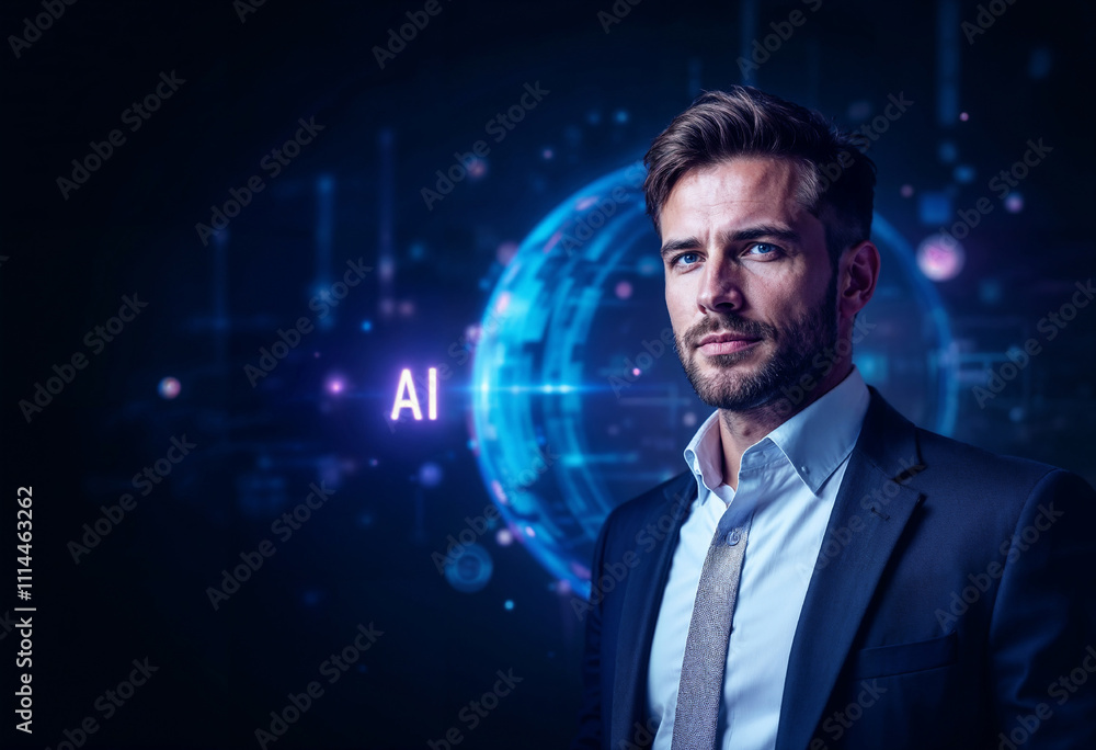 Close-up of a business professional in formal attire, set against a digital AI background. The image conveys modern technology, innovation, and a futuristic business approach. Close-up of a business professional in formal attire, set against a digital AI background. The image conveys modern technology, innovation, and a futuristic business approach.