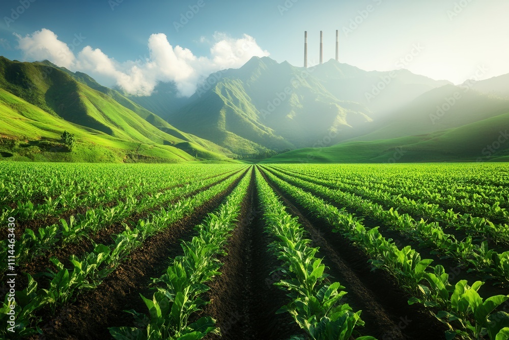 Sustainable agriculture with industrial background in serene landscape. Sustainable agriculture with industrial background in serene landscape.