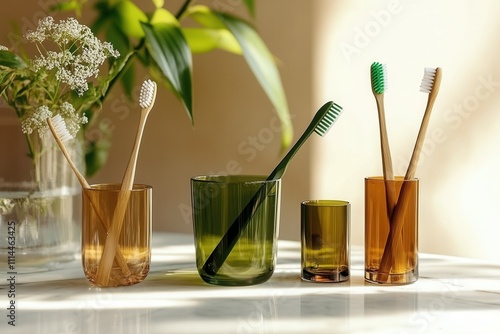 Eco-friendly toothbrushes in glass holders with greenery background.