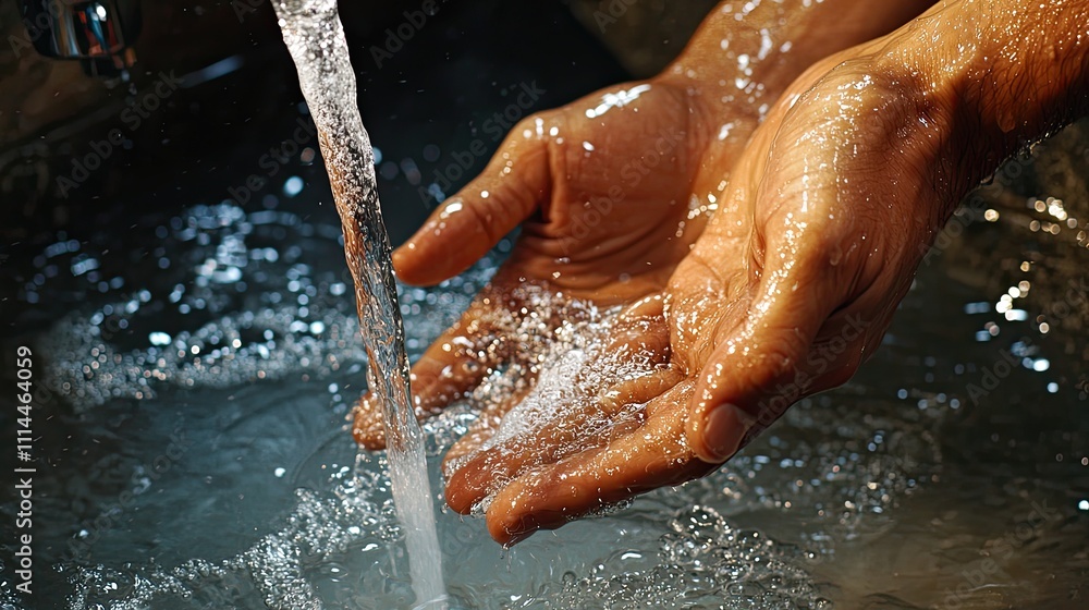 Fototapeta premium Man washing hands in bathroom sink at home. Closeup on fingers under hot water out of a faucet of a sink