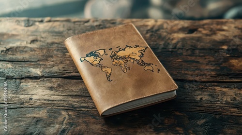 Creative passportsized map booklet on a rustic desk, ready for international travel photo