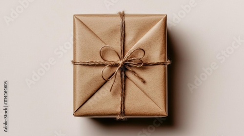 Rustic gift box packed into brown paper tied by twine with blank on white background with space for text , isolated on white background,  , copy space, copy space for text, photo