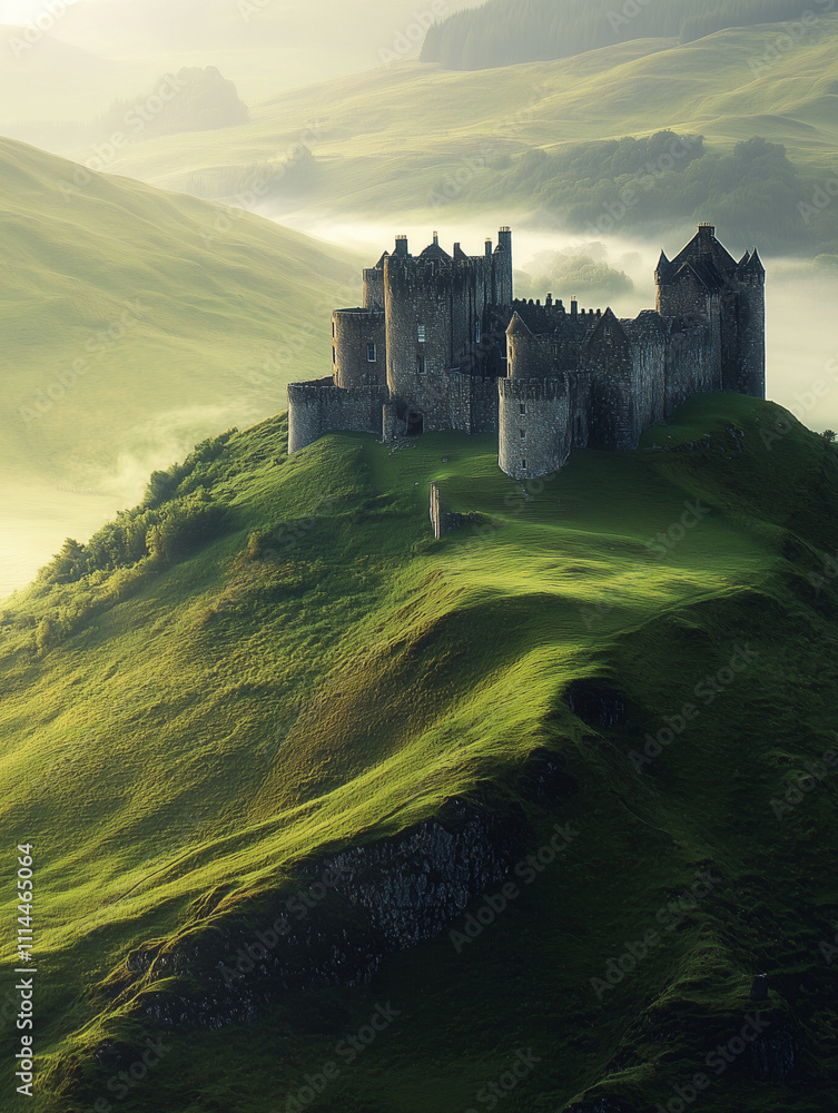 Fototapeta premium Scottish castle on misty hilltop surrounded by lush greenery