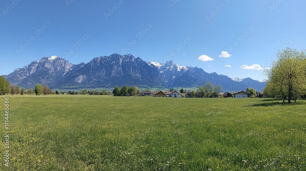 Fototapeta premium Sunny meadow with mountain backdrop.