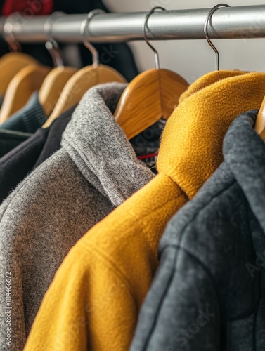 Explore a wideranging selection of cozy winter coats arranged on rustic wooden racks, perfect for making charitable donations or for crafting unique upcycled fashion pieces during this winter season photo