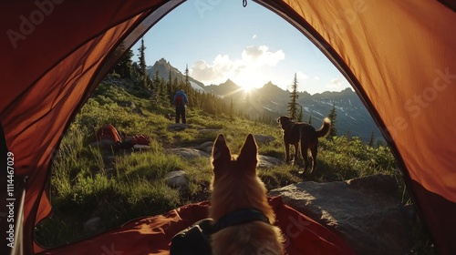 Sunrise view from inside a tent with dogs and hikers in mountains.