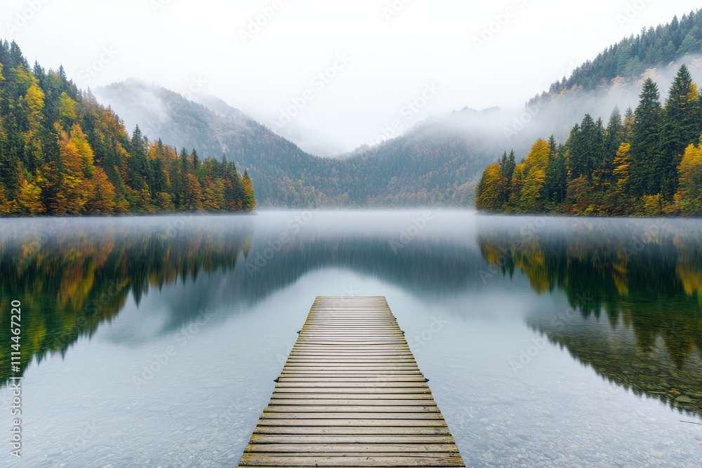 serene lakeside view with wooden pier, surrounded by autumn trees and misty mountains serene lakeside view with wooden pier, surrounded by autumn trees and misty mountains