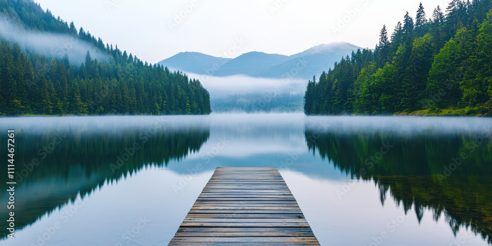 serene lakeside view with wooden pier, surrounded by misty mountains and dense evergreen forest serene lakeside view with wooden pier, surrounded by misty mountains and dense evergreen forest
