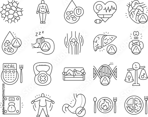 obesity overweight fat obese icons set vector. weight body, woman belly, diet lifestyle, health person, loss healthy, fit obesity overweight fat obese black contour illustrations