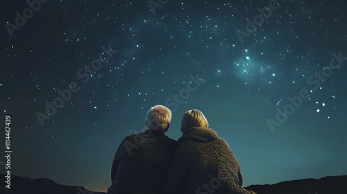 A couple is sitting on a hillside and looking up at the stars