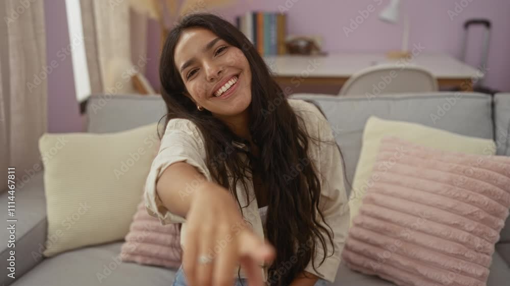 Hispanic woman pointing and smiling in a cozy living room with beige and pink pillows on the sofa, creating a warm and inviting atmosphere in her home Hispanic woman pointing and smiling in a cozy living room with beige and pink pillows on the sofa, creating a warm and inviting atmosphere in her home