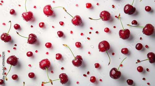 Various falling fresh ripe cherry on light white background, horizontal composition