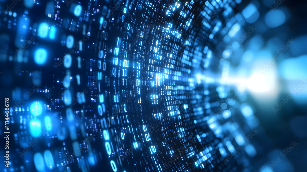 Digital data stream of binary nubers and glass fiber lines, blue technology background, concept for cyber security and modern information exchange Digital data stream of binary nubers and glass fiber lines, blue technology background, concept for cyber security and modern information exchange