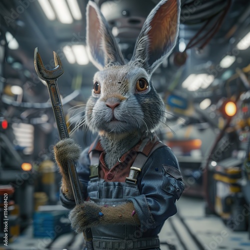 Mechanic rabbit in a garage with wrench.