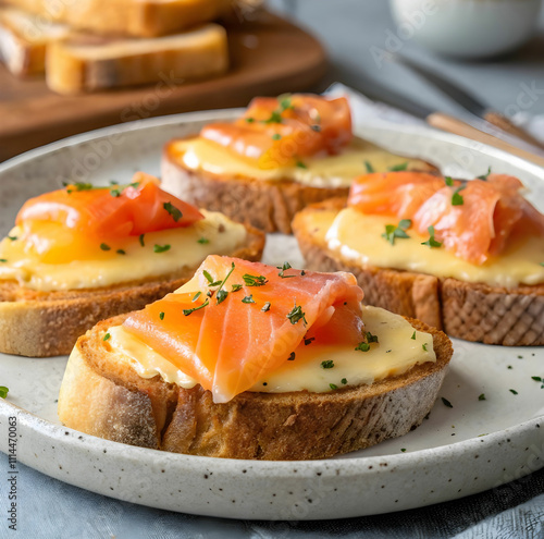 cheese and salmon toasts on a plate