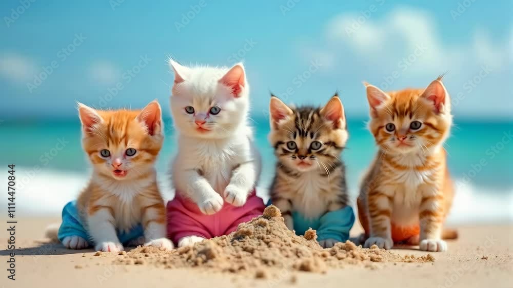 Cute kittens play on the sea with sand Cute kittens play on the sea with sand
